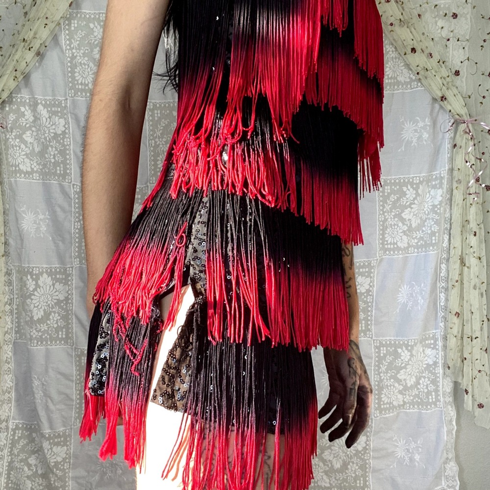 Red Black Ombre Fringe Flapper Dress Sequin Halter Gatsby Latin Dance Sz S/M - Picture 10 of 15